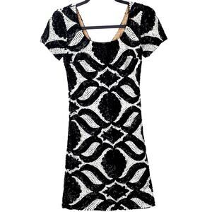 Tracy Reese Sequin Sheath Dress 10P Black White Shimmer Party Glam Club Holiday
